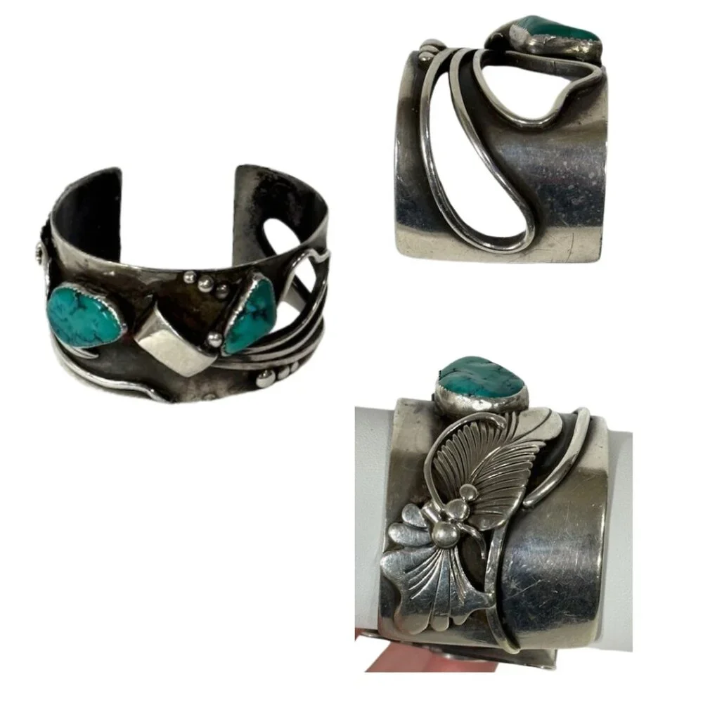 Signed Edison Piaso heavy gauge silver and Sonoran Gold turquoise cuff bracelet.